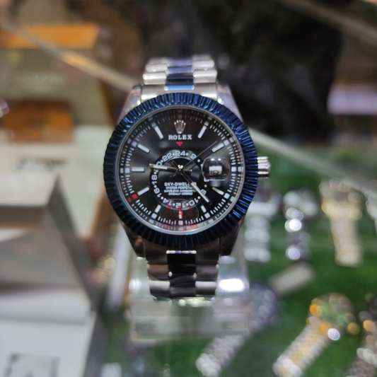 Luxury Sky-Dweller Style Silver Men's Watch with Blue Bezel | Premium Stainless Steel